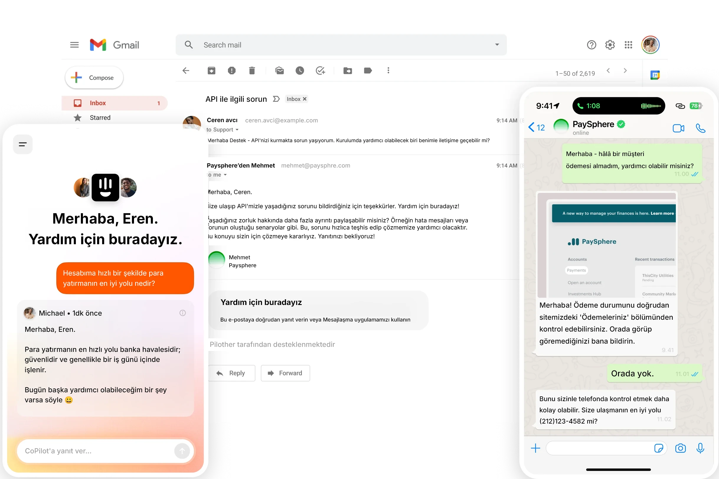 Tüm kanallar — Gmail, Messenger, WhatsApp